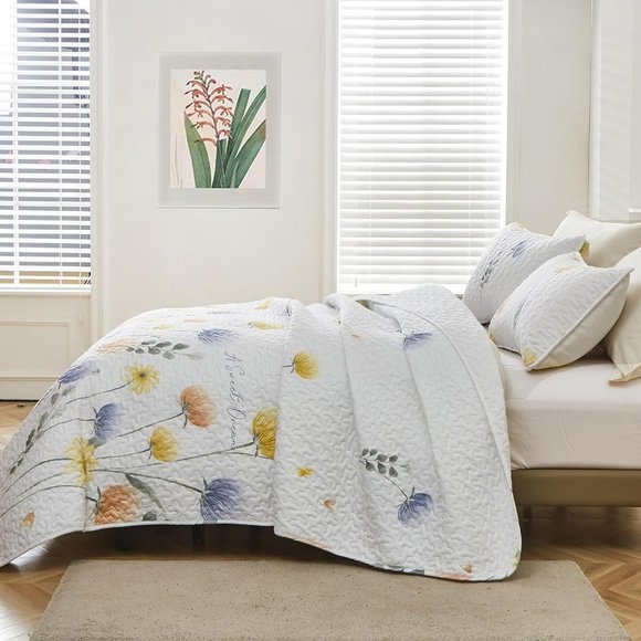 New Blue & Yellow Floral 3-Piece 100% Polyester Quilt Set • Reversible • KING - Picture 4 of 8
